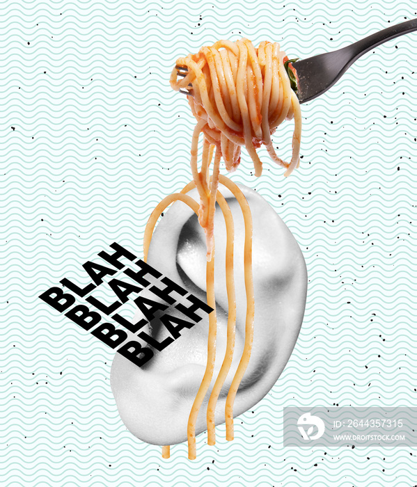 Contemporary art colage of pasta, spaghetti into a fork isolated over ear and white background