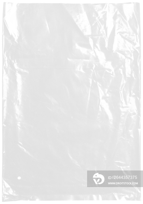 plastic transparent cellophane bag on white background. The texture looks blank and shiny. The plastic surface is wrinkly and tattered making abstract pattern.