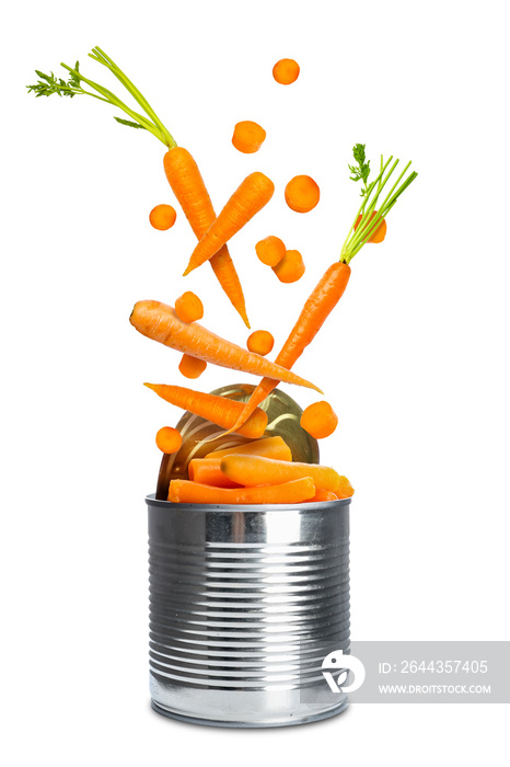 Open tin can with falling tasty carrots on white background