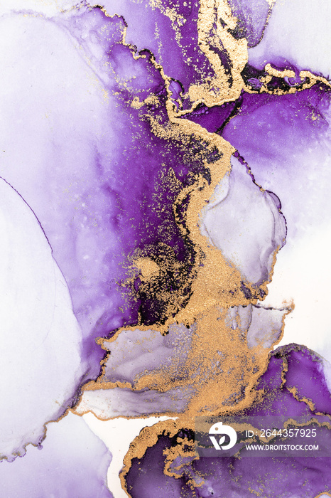 Purple gold abstract background of marble liquid ink art painting on paper . Image of original artwork watercolor alcohol ink paint on high quality paper texture .