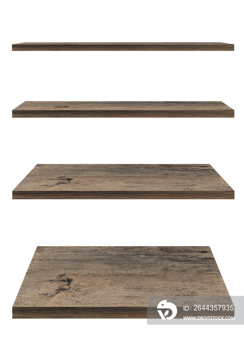 Wooden shelf template set isolated on white background with clipping path. For decorated interior or montage of your product on shelf.