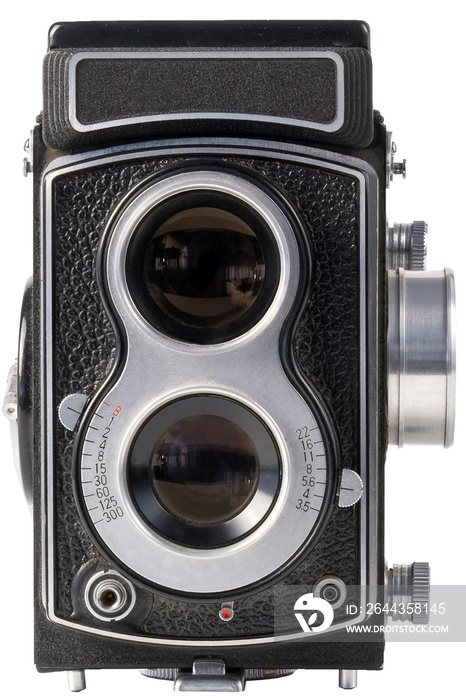 Antique old fashion film camera front view isolated on white background including clipping path