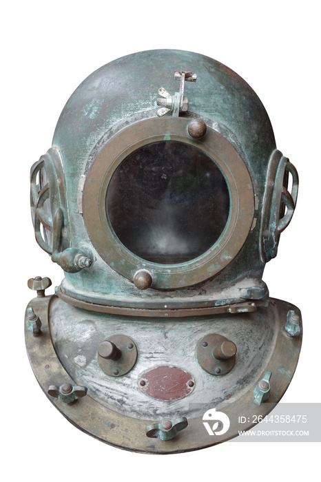 Old rusty vintage diver metal helmet isolated on white background with clipping path