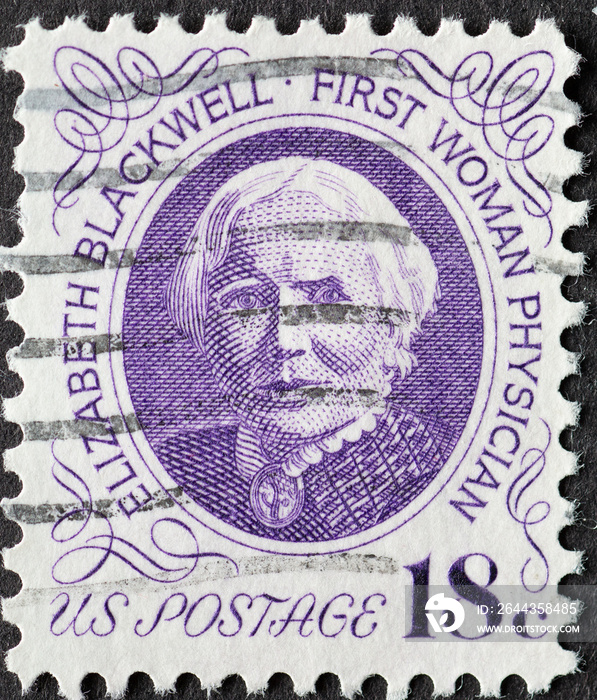 USA - Circa 1974 :  a postage stamp printed in the US showing a portrait of America’s First Female Doctor Dr. Elizabeth Blackwell