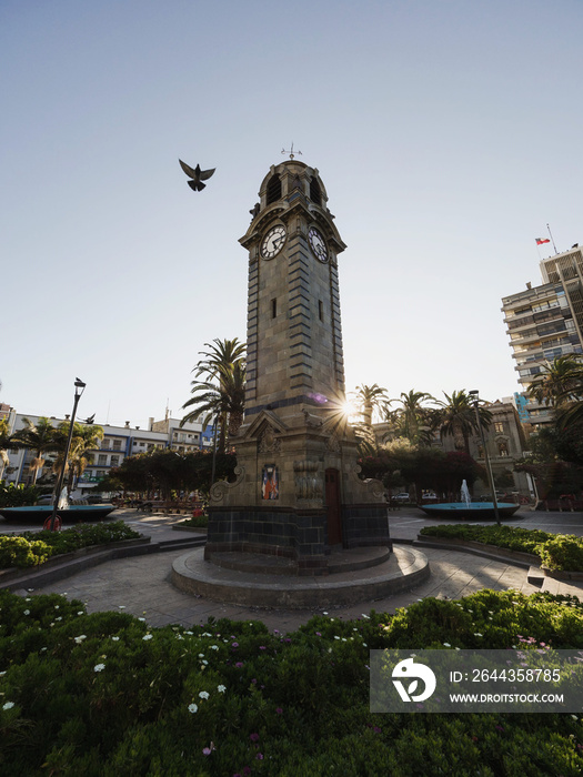 Torre Reloj clock tower on central square Plaza Colon park in city center of Antofagasta Chile