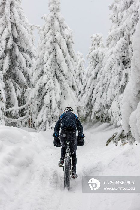 man on mountain bike follows trail through forest in snow during winter