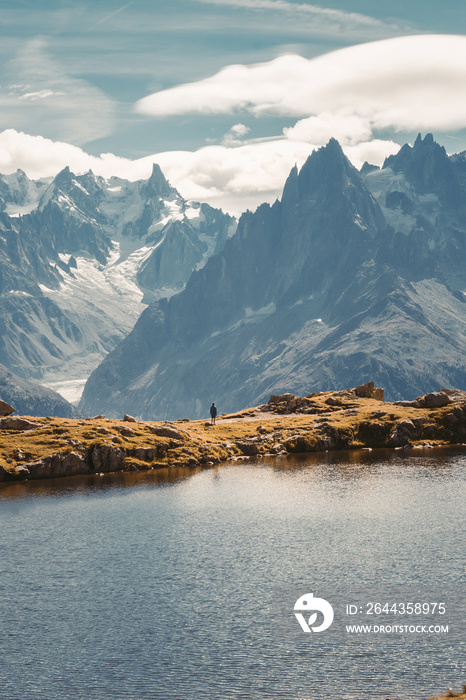 Panoramic autumn view of Cheserys lake with Mount Blank on background, Chamonix location. Magnificent outdoor scene of Vallon de Berard Nature Preserve, Alps, France, Europe.