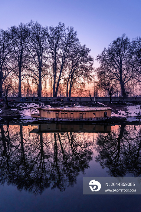 Reflection of houseboats and trees on bank of Jhelum River, Jammu and Kashmir, India