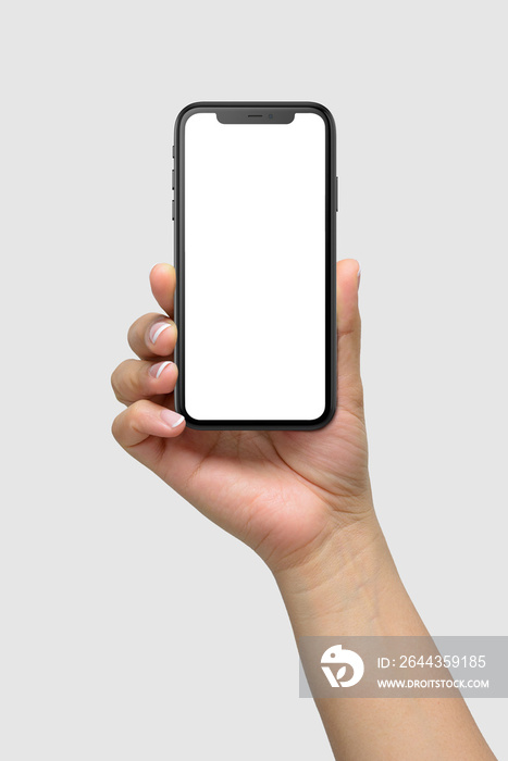 Mockup of female hand holding a black smartphone  with blank screen isolated on light grey background | App & UI Mockups