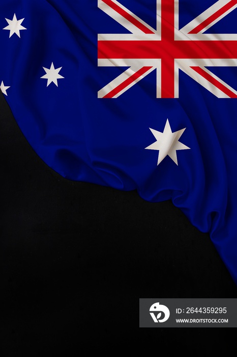 vertical color national flag of modern state of Australia, beautiful silk, black blank, concept of tourism, economy, politics, emigration, independence day, copy space, template