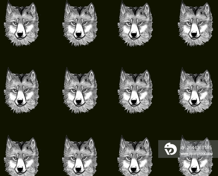 pattern of gray hand drawn wolf heads, creative art design, copy space