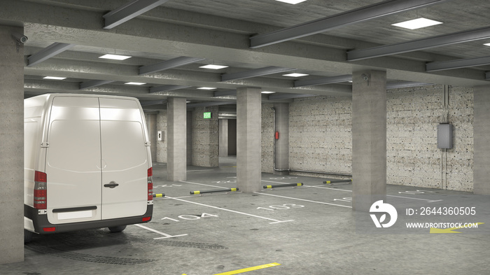 Empty underground parking with white van, 3d illustration