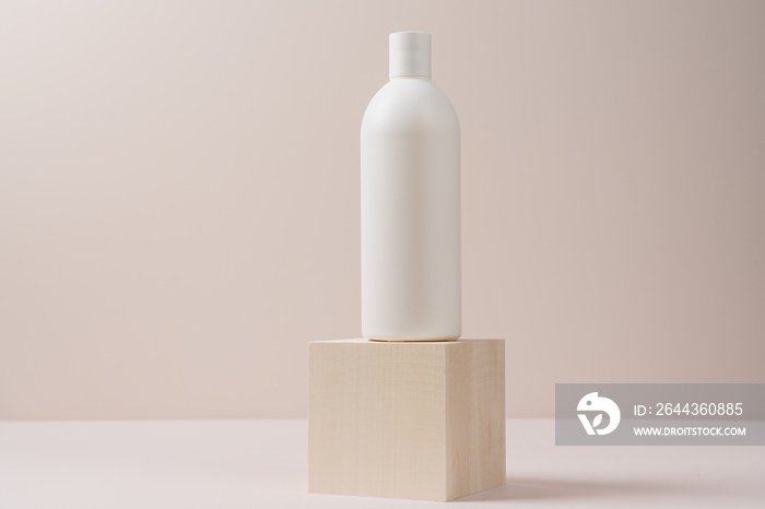 Cosmetic Packaging Mockup bottle on wooden podium on beige background. Treatment spa beauty skincare. Healthcare and medicine concept