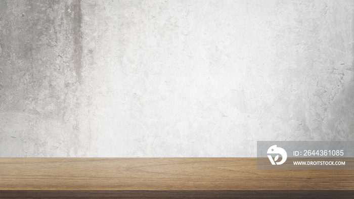 wood table in front of rusty grey concrete wall background with lighting from above. panoramic banner mockup for advertising and product displayed. indutrial interior concept for loft design.