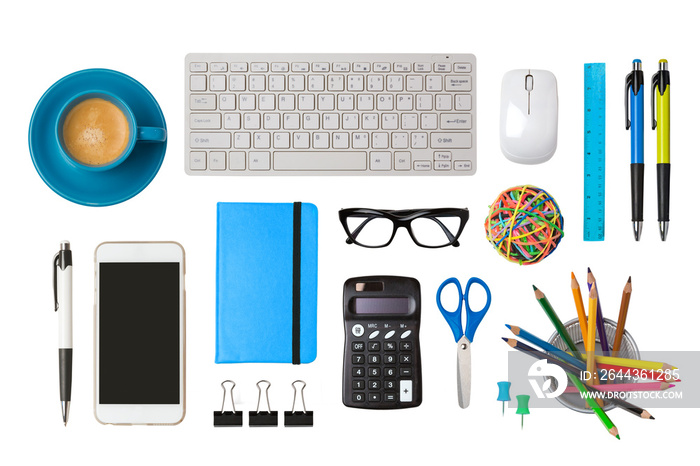 Office desk objects isolated on transparent background.  Top view, flat lay