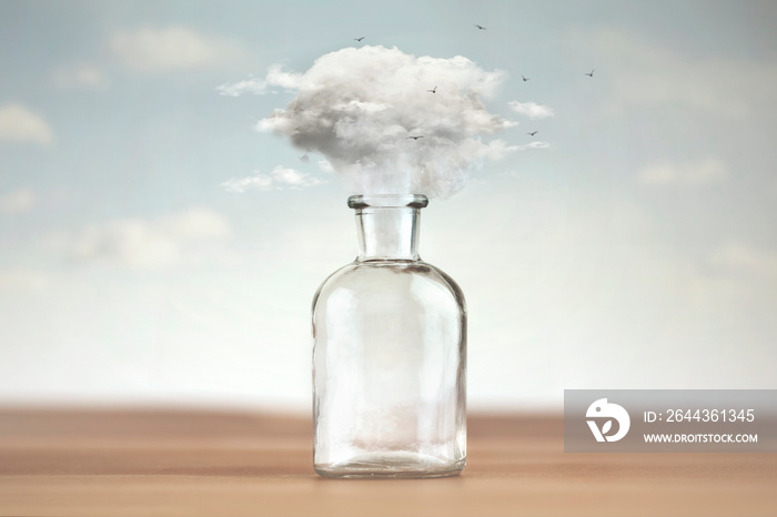 conceptual image of freedom with a cloud coming out of a vase that contained it