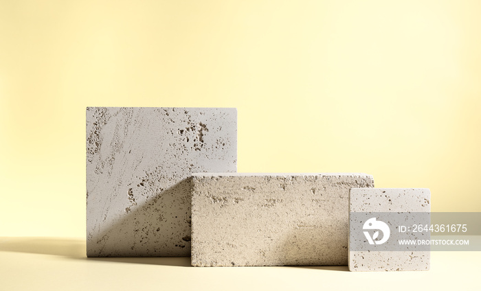 Abstract modern still life. Natural materials. Composition of travertine and concrete blocks.