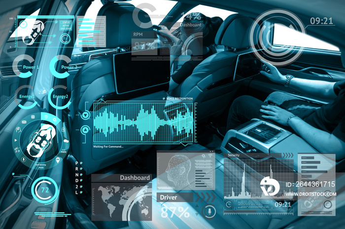 Smart car and internet of things (IOT) concept. Car ’s console and icons popup out of screen.