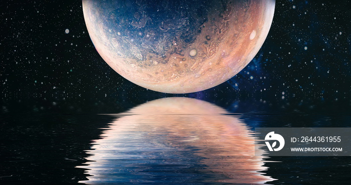 space planet in space reflected in water. galaxy stars night sky ,Elements of this Image Furnished by NASA ,