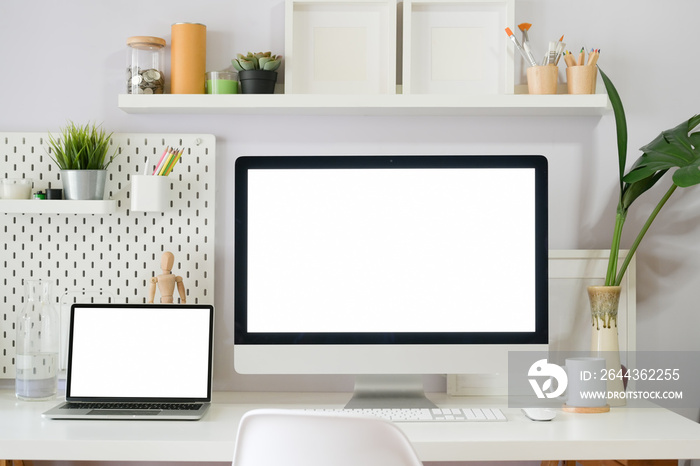 Modern clean workspace mockup with blank screen desktop computer.