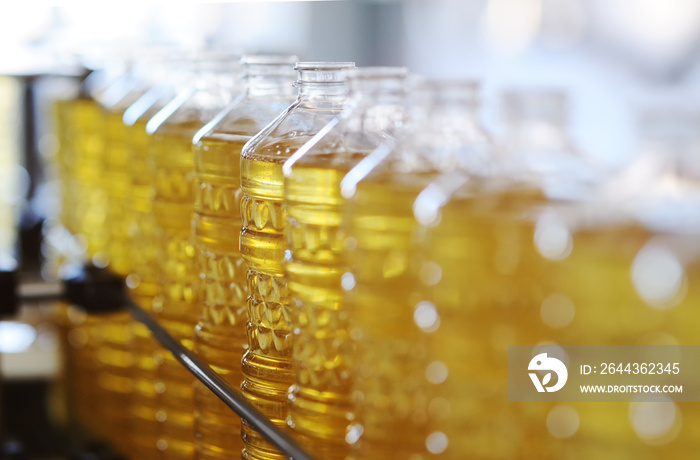 Sunflower oil in the bottle moves along the conveyor line. Production of vegetable refined oil from sunflower seeds