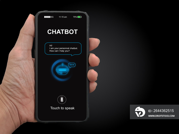 A man’s hand holding mobile smartphone with chatterbot application for online information. Digital chatbot, conversational agents, robot app, conversation assistant. AI Artificial intelligence concept