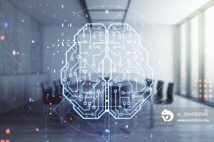 Double exposure of creative artificial Intelligence interface on a modern meeting room background. Neural networks and machine learning concept