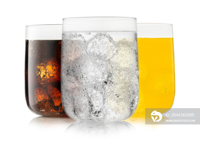 Lemonade drink with cola and orange soda with ice cubes on white background in large glasses.