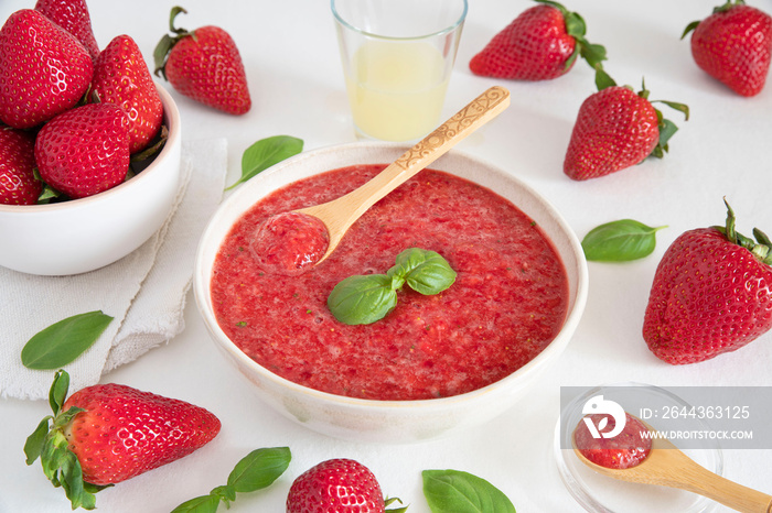 Close-up of a strawberry and basil soup preparation