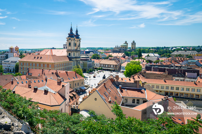 Center square and Minorita Church in the historic city of Eger in Hungary