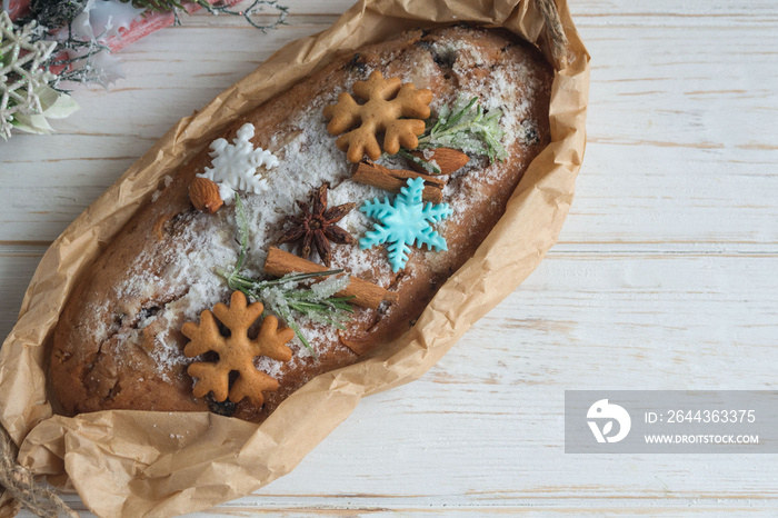 Christmas stollen is a traditional Christmas holiday German baked goods. Holidays Christmas and New Year.