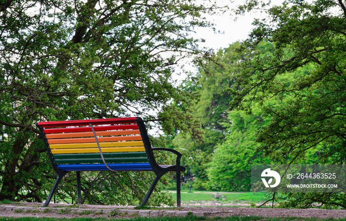 Rainbow colored bench in a park to celebrate diversity