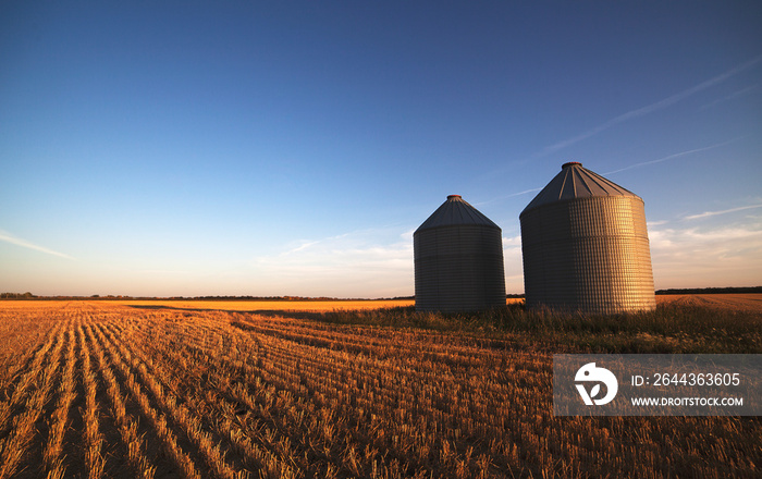 Grain silos in a tilled wheat field on the prairies at sunset