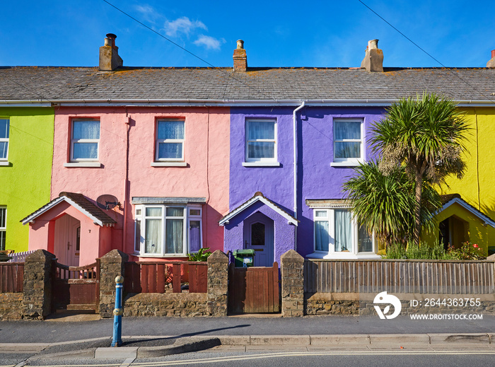 Row of Multi-coloured terraced housing in Springfield Road in Westwood Ho! in North Devon