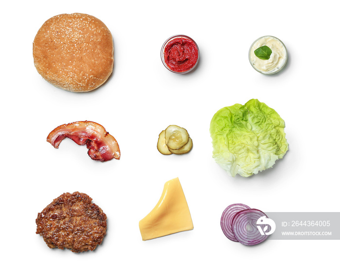 Ingredients for burger on white background, flat lay