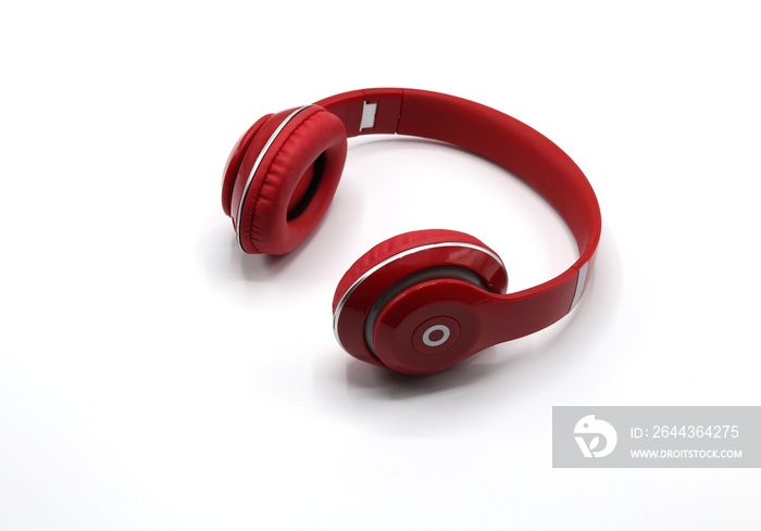 Wireless red headphones isolated on white background.