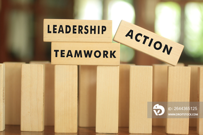Leadership and teamwork concept with action written on wooden block. Business and strong team illustration on wood blocks background.