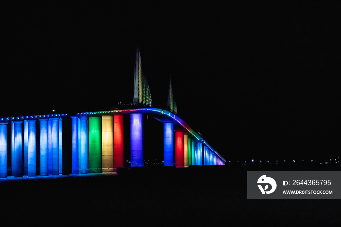 LGBTQ  rainbow colors lit up Skyway Bridge.