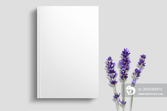 book mockup with beautiful lavender flowers