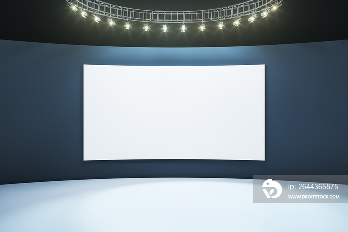 Blank white poster on dark wall in empty hall room with light floor and led lights on top. Mock up