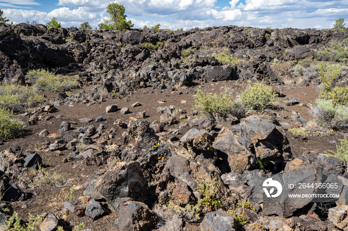 Black volcanic rock and lava flow fields in Craters of the Moon National Monument