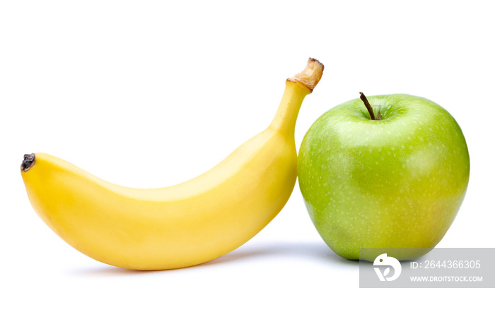 Yellow banana and ripe green apple isolated on white background. Fresh and fiber fruits.