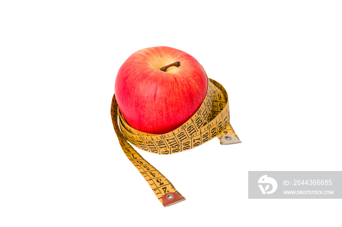 Measuring tape and red apple isolated on white background