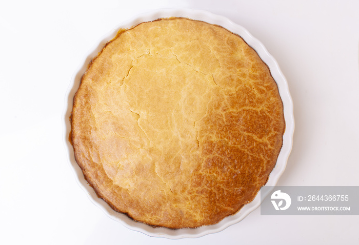 Tasty homemade pie on white background