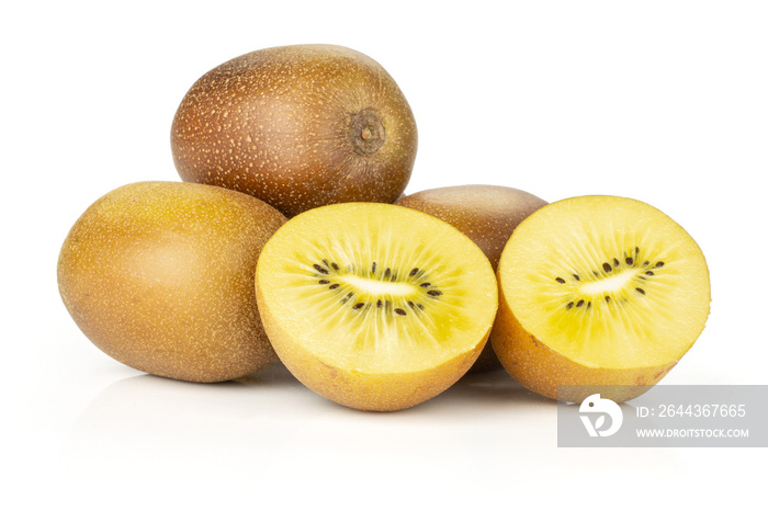 Group of lot of whole two halves of fresh golden brown kiwi fruit sungold variety heap isolated on white