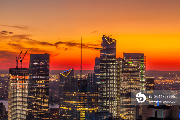 Sunset view of Midtown Manhattan buildings seen from the Rockefeller Center