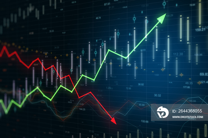 Traiding concept with forex chart screen and red and green arrows.