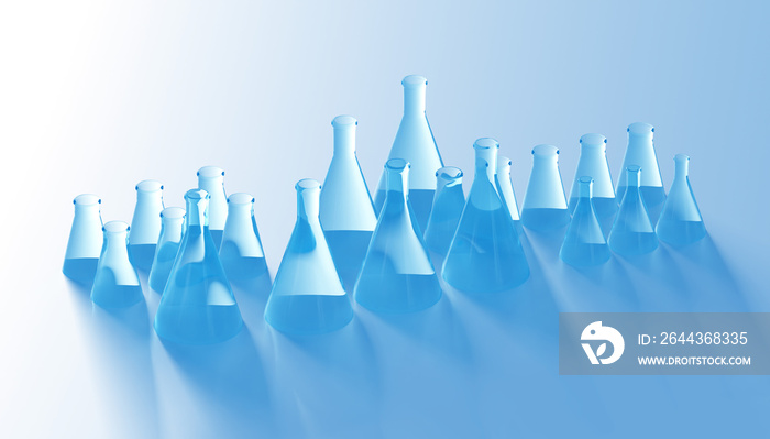 Lab glassware. Flasks of different sizes. Visualization of test tubes. Three-dimensional laboratory glassware. Laboratory flasks of various sizes. Concept sale of laboratory glassware. 3d rendering.