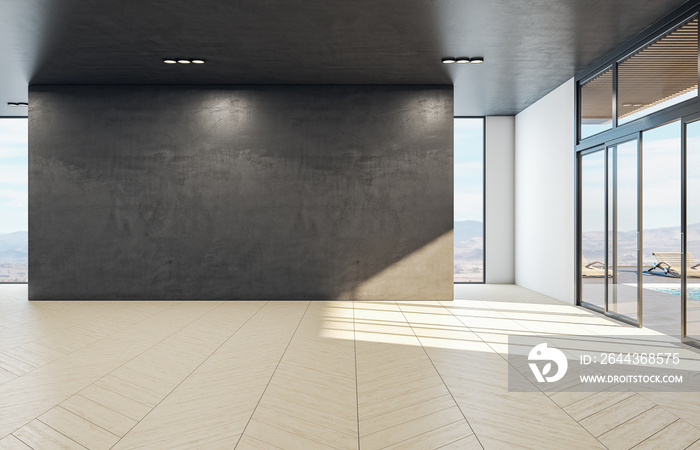 Living room with blank wall and landscape view.