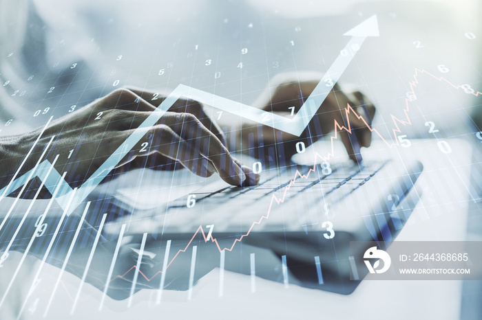 Abstract creative financial graph with upward arrow and hands typing on laptop on background, financial and trading concept. Multiexposure